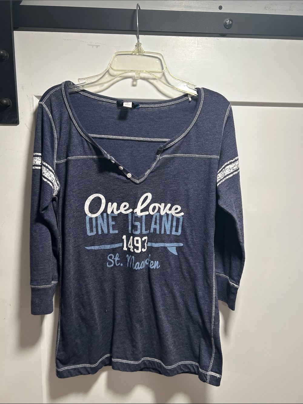 MV Sport Navy Blue 'One Love One Island' Graphic 3/4 Sleeve Henley Tee